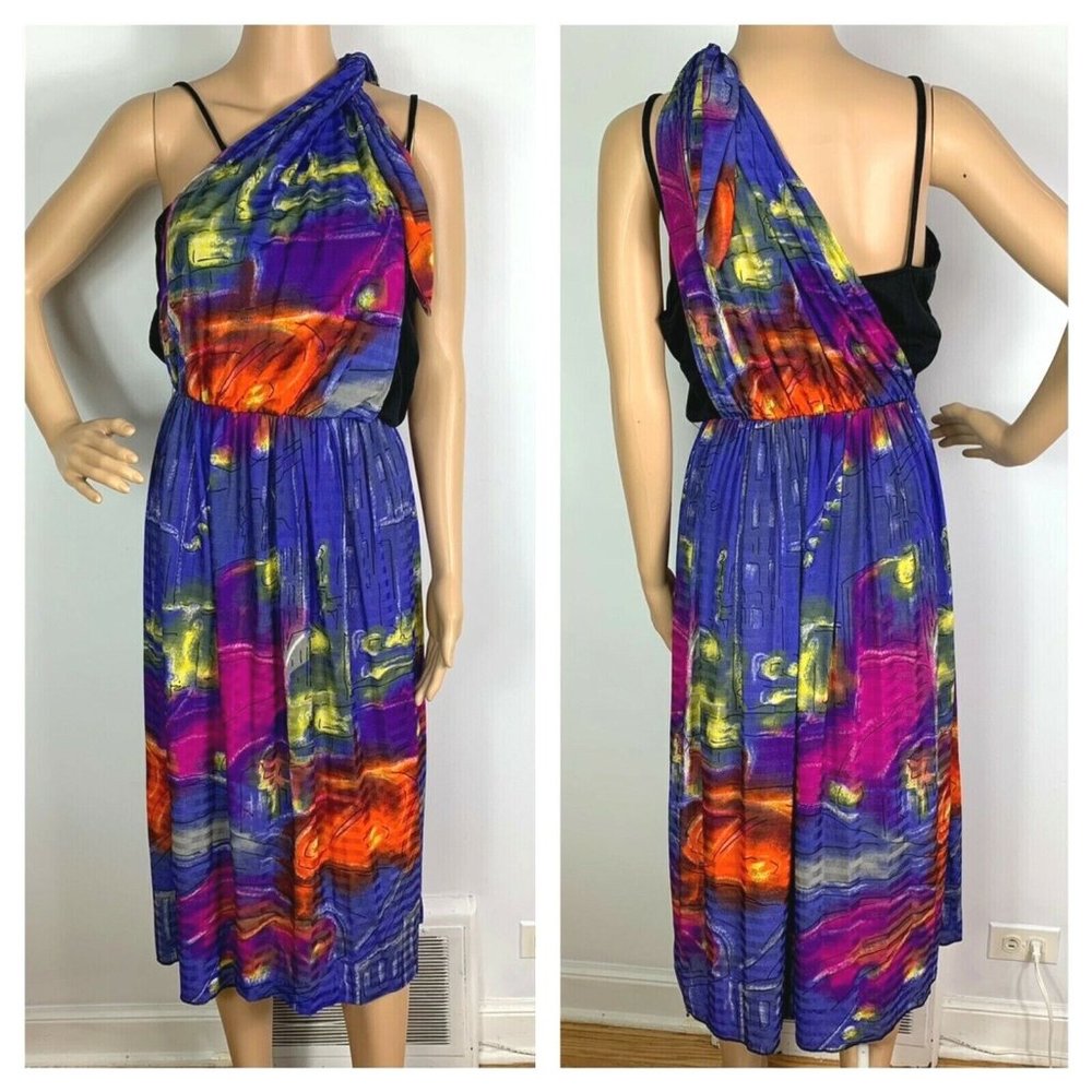 Vtg 70s Janine Robin Paris Dress Sz S Disco Party Art To Wear Black Blue